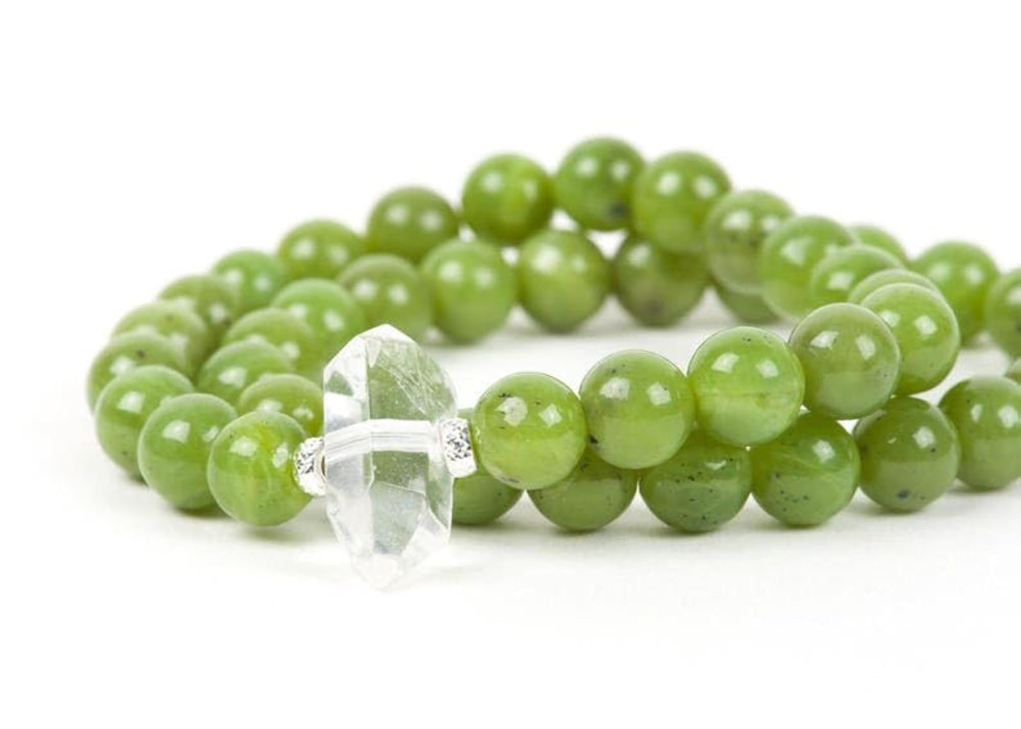 Natural Nephrite Jade With Crystal Quartz 8mm Bead Stretchable Bracelet, Unisex Healing